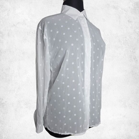 White Polka Dot Button Down Blouse 2XL – Sheer Lightweight Long Sleeve Top - Picture 3 of 7